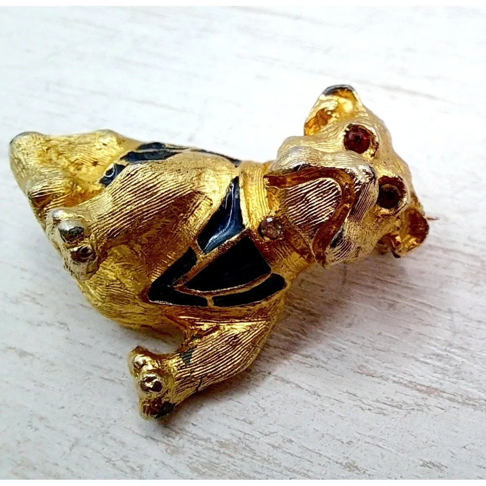 Vintage Goldtone English Bulldog Brooch – Blue Enamel Sweater, Rhinestone Eyes